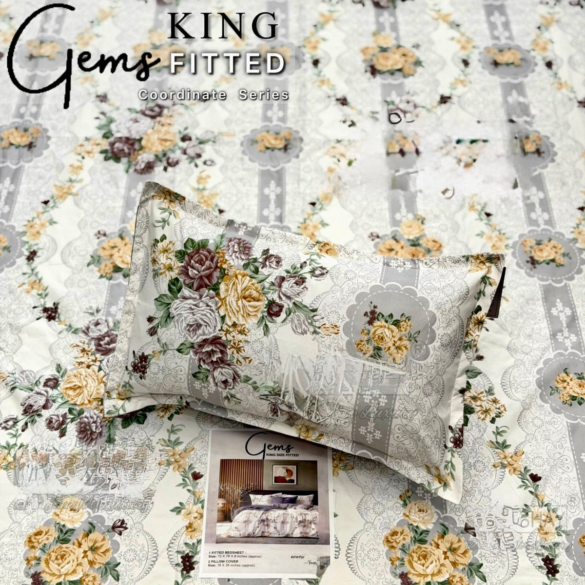 GEMS KING FITTED – 3PCS KING FITTED BEDSHEET SET (1+2)