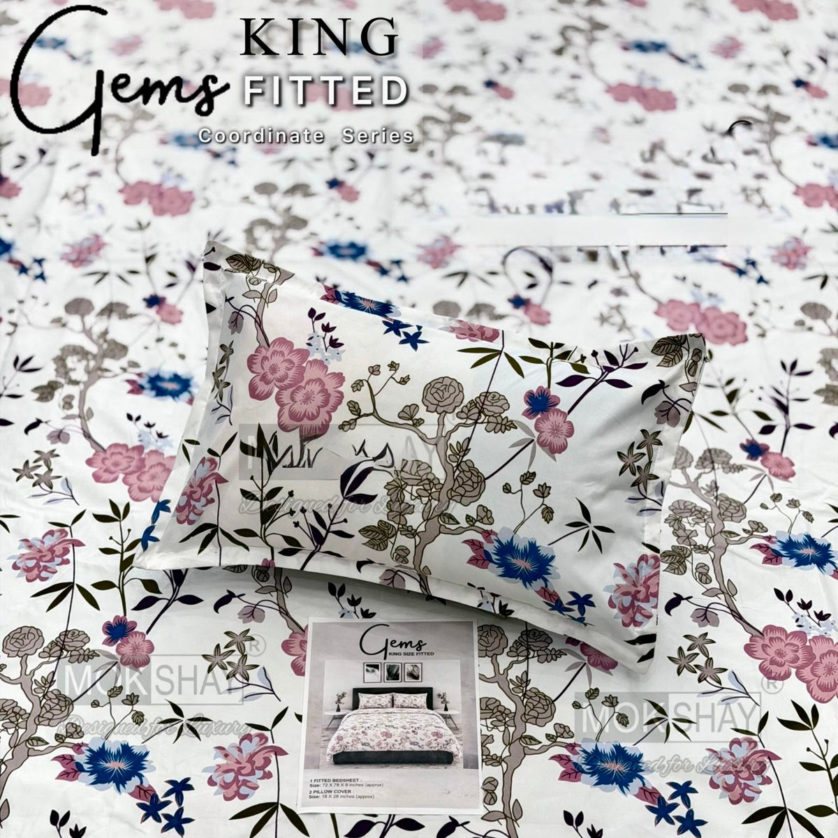 GEMS KING FITTED – 3PCS KING FITTED BEDSHEET SET (1+2)
